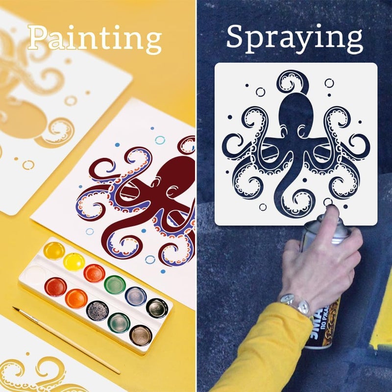 DOODLREAM Octopus Sea Wall Stencil Template 11.8 x 11.8 Inch Reusable Plastic Ocean Themed Stencil for Painting on Wood Wall Floor Tile Fabric Glass DIY Home Decor - Image 3